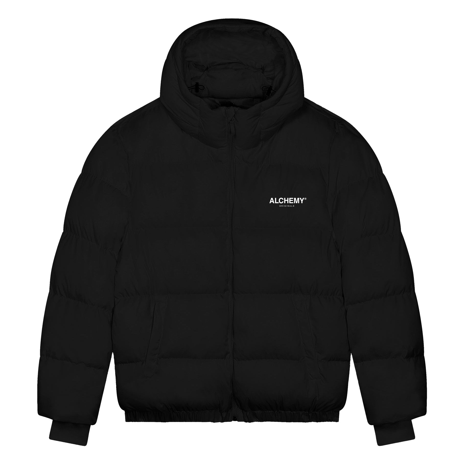 Black puffer jacket with a brand logo on a white background