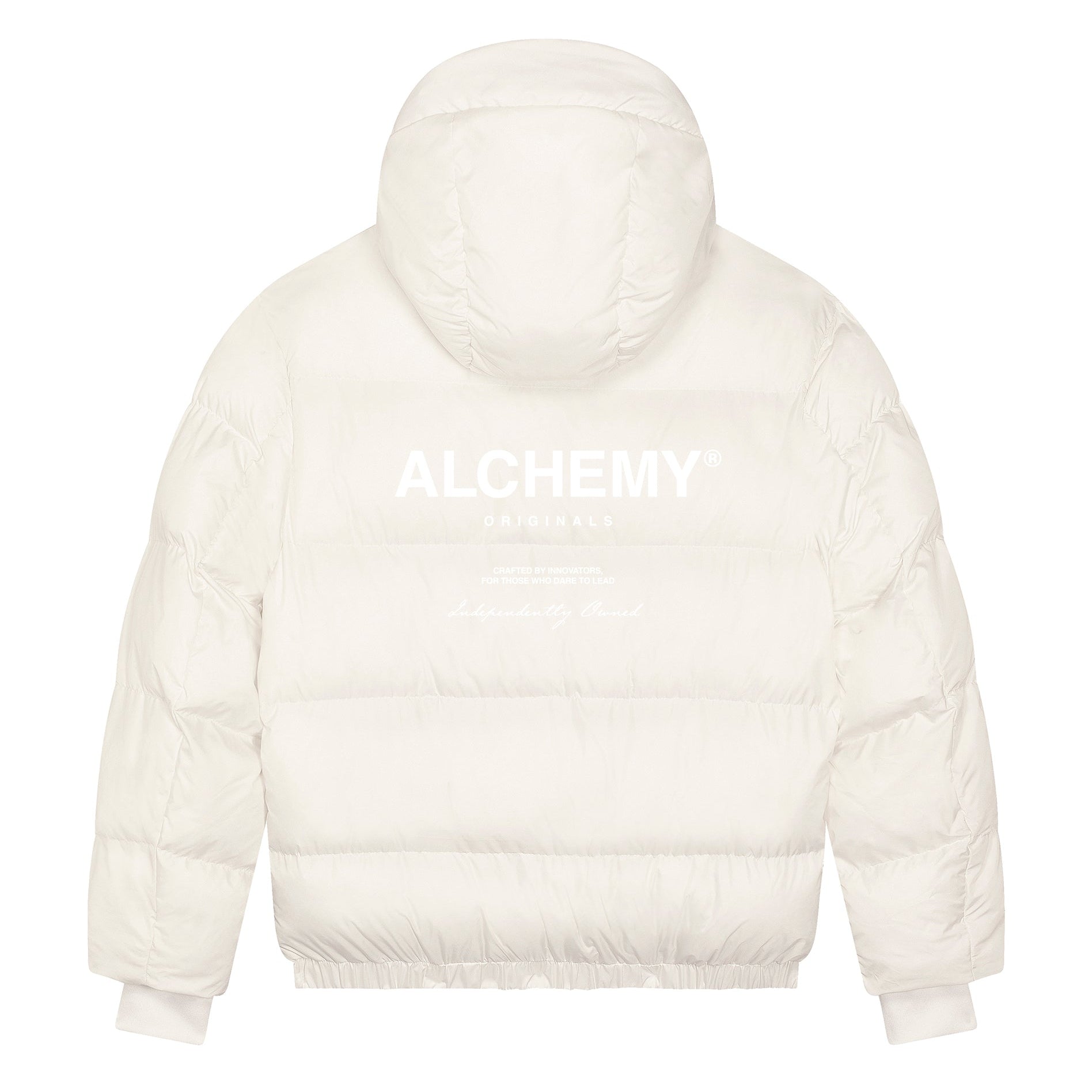 White puffer jacket with 'ALCHEMY' branding on a white background