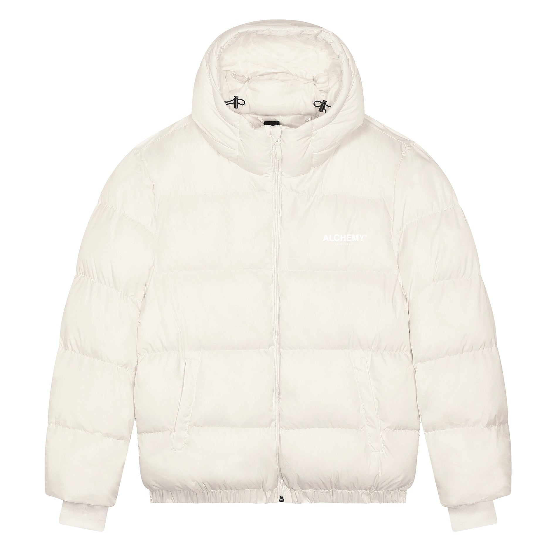 White puffer jacket with a hood on a white background