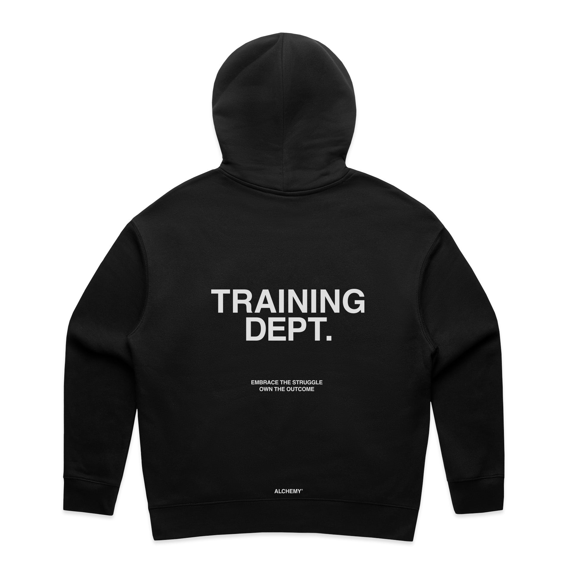 A woman's back wearing a black oversized hoodie with 'TRAINING DEPT.' printed in white on the upper back.